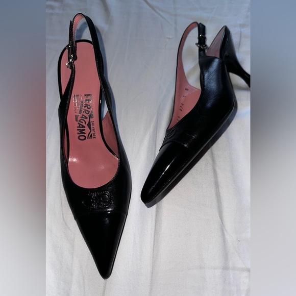 Salvatore Ferragamo Black kitten sling back Heels size 6 Y2K mules pointed toe - Picture 2 of 8